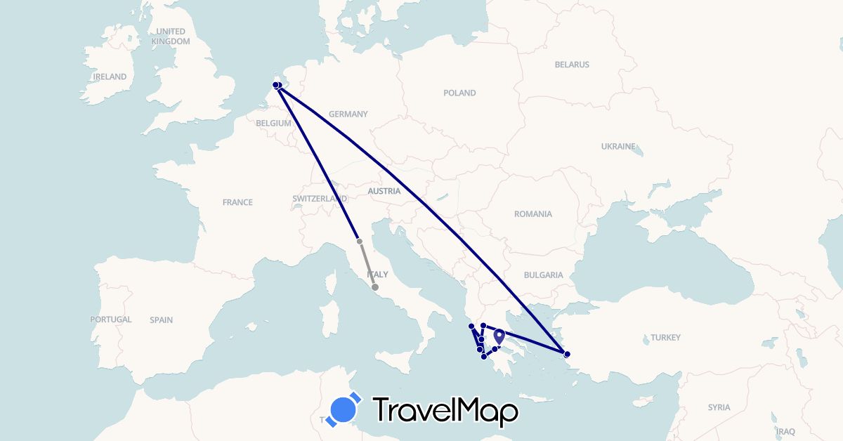 TravelMap itinerary: driving, plane in Greece, Italy, Netherlands, Turkey (Asia, Europe)